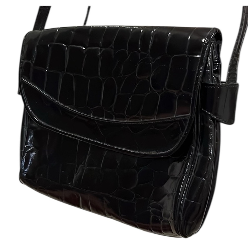 Vintage Sylvia Black Crossbody Handbag Class Shoulder Bag Mock Croc Korea